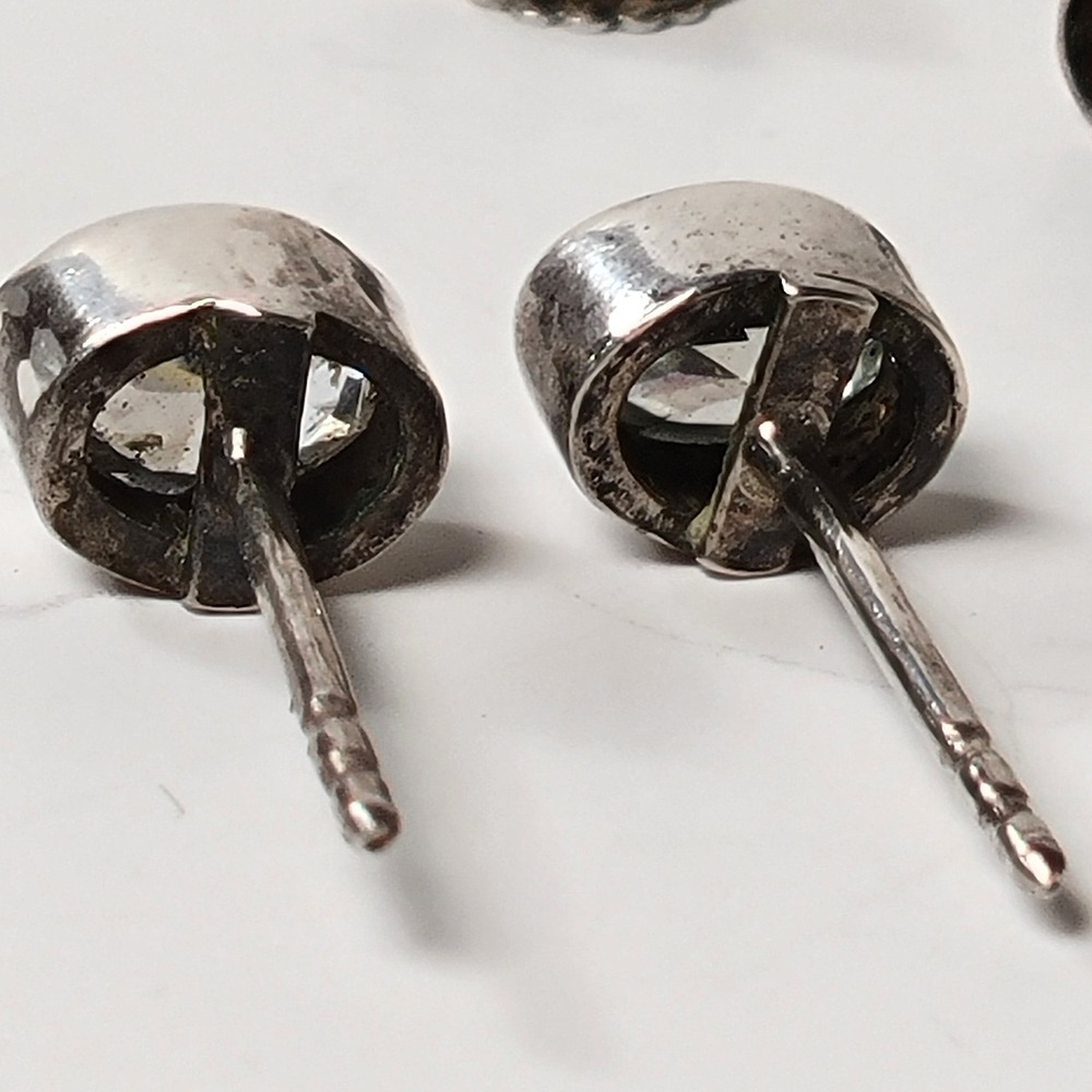 Sterling‎ Silver Clear Glass Bezel Stud Earrings Round Minimalist - Picture 5 of 10